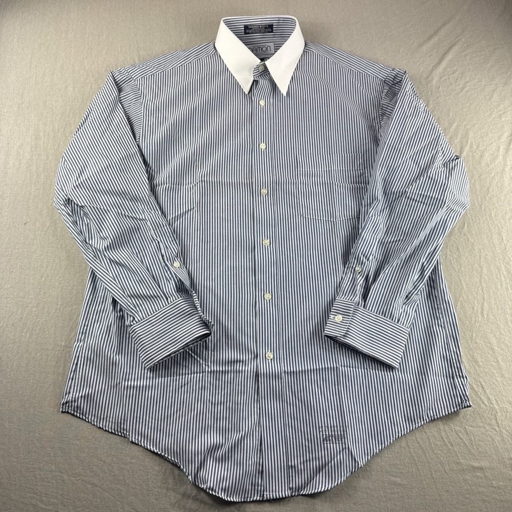 Vintage Damon Dress Shirt Mens 16.5 32 Blue Striped Contrast Collar Long Sleeve
